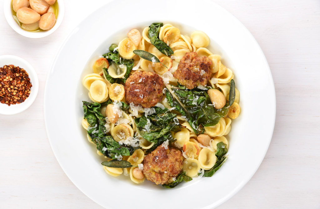 turkey meatballs and greens with orecchiette pasta