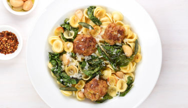 turkey meatballs and greens with orecchiette pasta